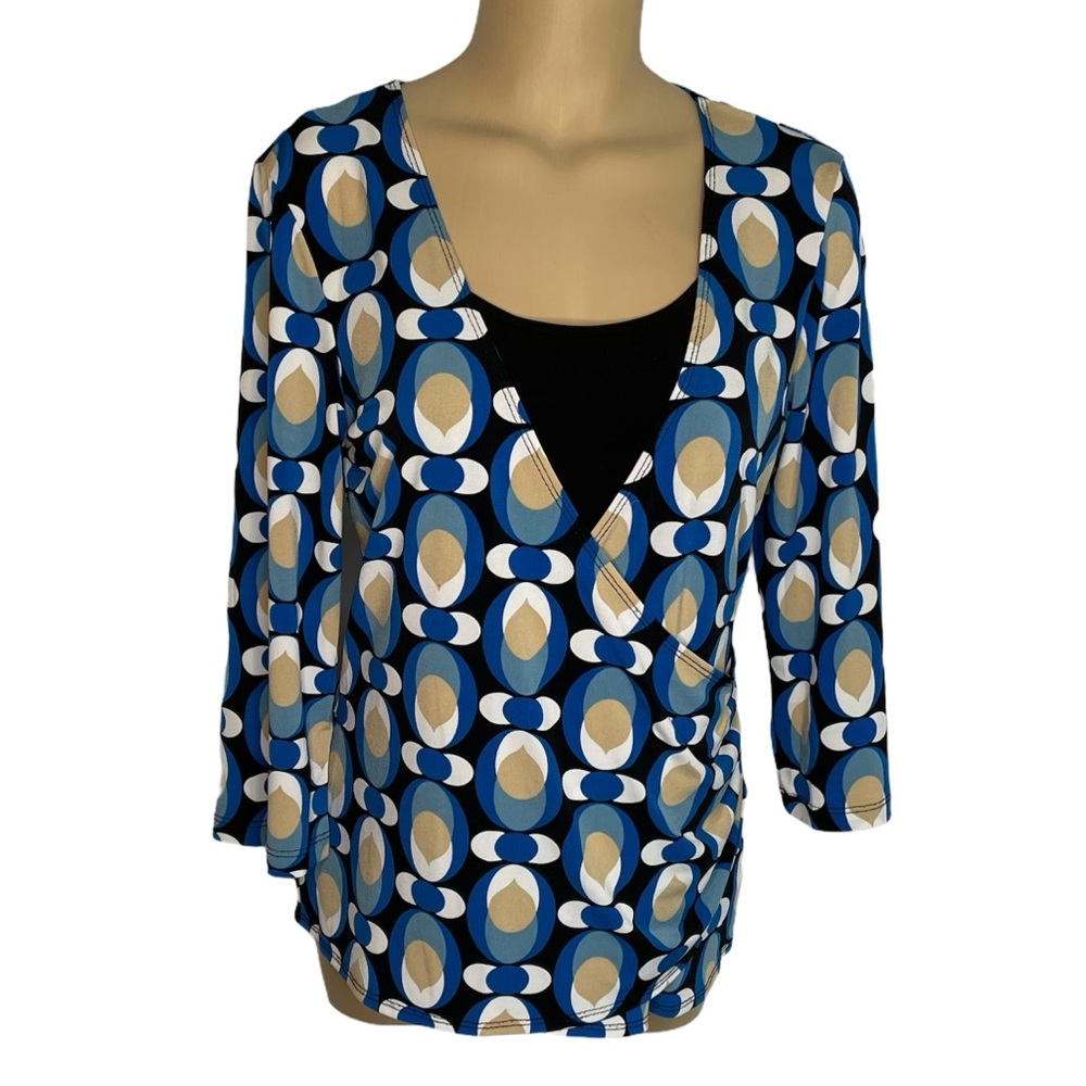 AB STUDIO Top Blouse Faux Wrap Geometric Print Blue White Tan Size Large